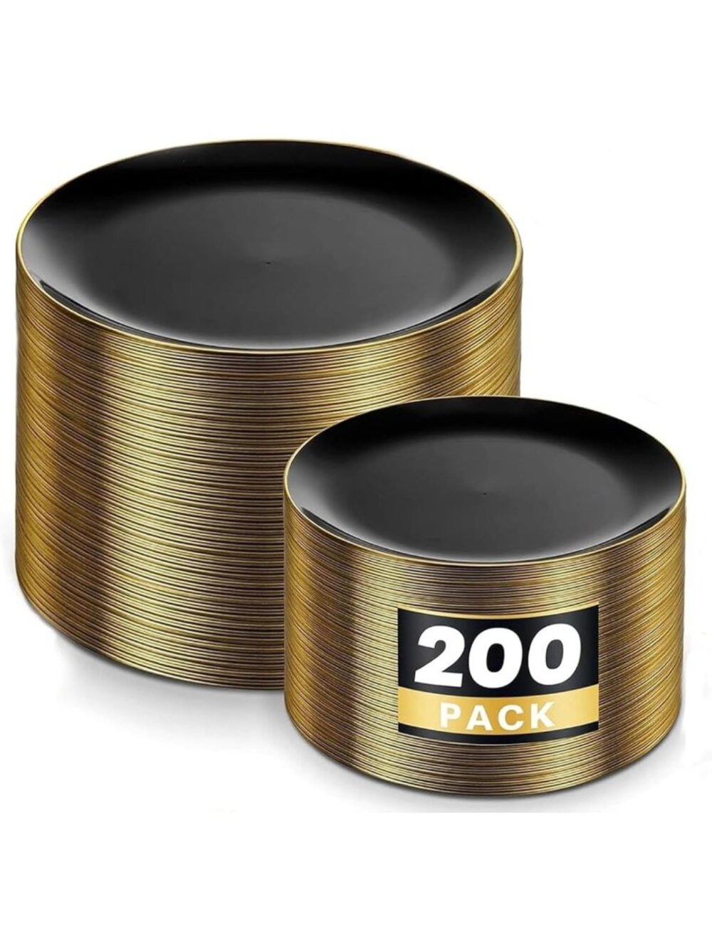 200 Black Plastic Plates - Disposable Black & Gold Dinner & Dessert Plates for